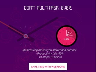 40%
Multitasking makes you slower and dumber.
- Productivity falls 40%
- IQ drops 10 points
Don’t multitask. Ever.
 