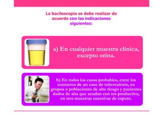 La baciloscopia se debe realizar de
acuerdo con las indicaciones
siguientes:

a) En cualquier muestra clínica,
excepto orina.

b) En todos los casos probables, entre los
contactos de un caso de tuberculosis, en
grupos o poblaciones de alto riesgo y pacientes
dados de alta que acudan con tos productiva,
en tres muestras sucesivas de esputo.

 