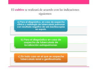 El cultivo se realizará de acuerdo con las indicaciones
siguientes:
a) Para el diagnóstico, en caso de sospecha
clínica y radiología de tuberculosis pulmonar
con resultado negativo de seis baciloscopías
en esputo.

b) Para el diagnóstico en caso de
sospecha de tuberculosis de
localización extrapulmonar.

c) En todo caso en el que se sospeche
tuberculosis renal o genitourinaria.

 