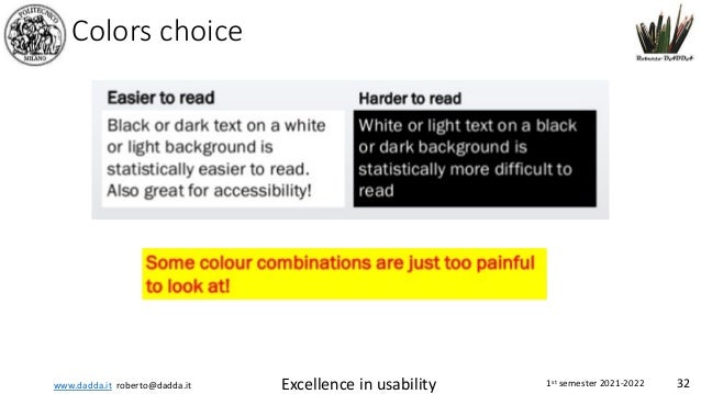 www.dadda.it roberto@dadda.it Excellence in usability 1st semester 2021-2022 32
Colors choice
 