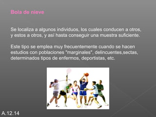 Bola de nieve 
Se localiza a algunos individuos, los cuales conducen a otros, 
y estos a otros, y así hasta conseguir una muestra suficiente. 
Este tipo se emplea muy frecuentemente cuando se hacen 
estudios con poblaciones "marginales", delincuentes,sectas, 
determinados tipos de enfermos, deportistas, etc. 
A.12.14 
 