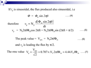 ( )
dt
2sind
Npp
ft
v m πΦ
=
Φ = Φm sin 2πft
If ip is sinusoidal, the flux produced also sinusoidal, i.e
therefore
vp = NP...