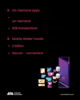 marutitech.com
On-Demand Apps in 2021
More industries adopting the
on-demand model
B2B transactions are emphasised
Mobile Wallet Trends in 2021
2 billion users worldwide & counting
Secure & convenient wallets
2
3
 