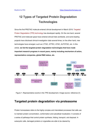 Biopharma PEG https://www.biochempeg.com
12 Types of Targeted Protein Degradation
Technologies
Since the first PROTAC molecule entered clinical development in March 2019, Targeted
Protein Degradation (TPD) technology has developed rapidly. On the one hand, several
PROTAC and molecular glues have entered clinical trials worldwide, and some leading
projects have disclosed clinical investigation data several times; on the other hand, new
technologies have emerged, such as LYTAC, ATTEC, ATAC, AUTOTAC, etc. In this
article, we list the targeted protein degradation technologies that have made
important research progress in recent years, mainly including mechanism of action,
representative companies, global R&D status, etc.
Figure 1. Representative events in the TPD development. Image source: reference [1]
Targeted protein degradation via proteasome
Protein homeostasis refers to the highly complex and interrelated processes that cells use
to maintain protein concentration, conformation and subcellular localization. It consists of
a series of pathways that control protein synthesis, folding, transport, and disposal. In
eukaryotic cells, damaged proteins or organelles are able to be cleared by
 