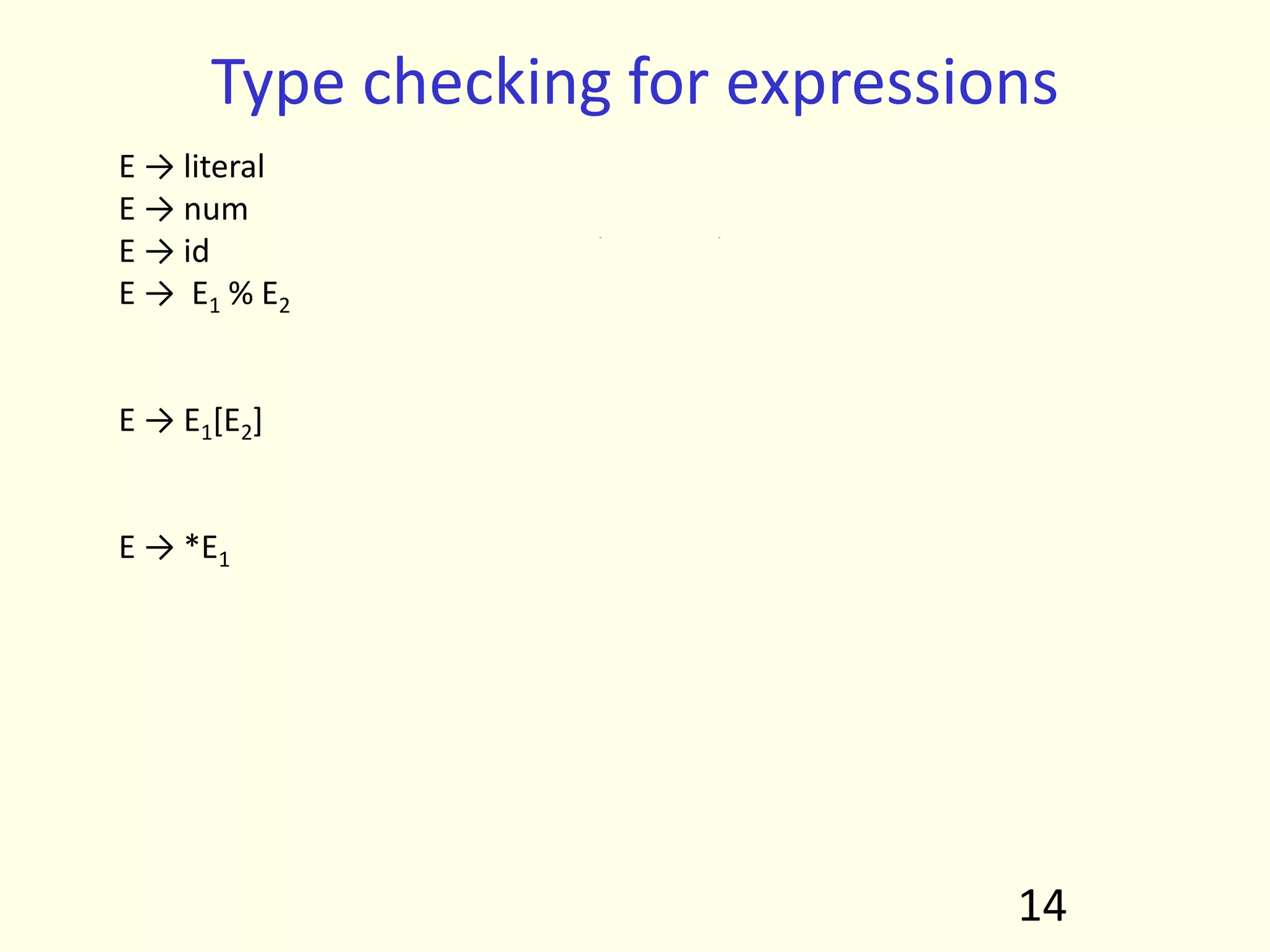 Type checking for expressions
E → literal E.type = char
E → num E.type = integer
E → id E.type = lookup(id.entry)
E → E1 % E2 E.type = if E1.type == integer and E2.type==integer
then integer
else type_error
E → E1[E2] E.type = if E2.type==integer and E1.type==array(s,t)
then t
else type_error
E → *E1 E.type = if E1.type==pointer(t)
then t
else type_error
14
 