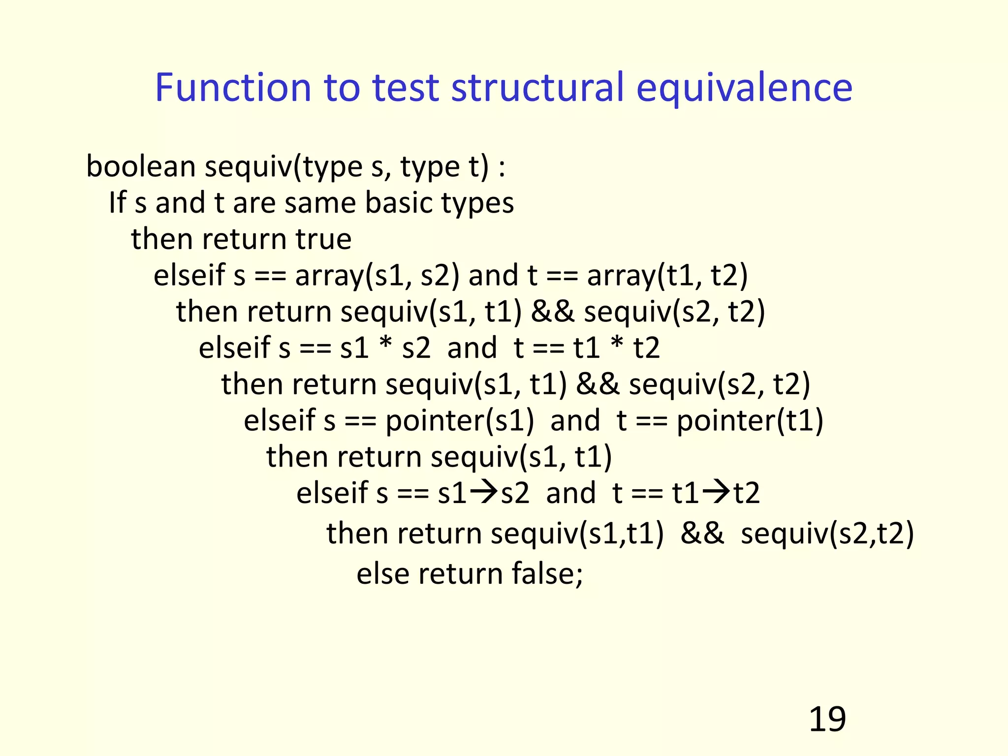 Function to test structural equivalence
boolean sequiv(type s, type t) :
If s and t are same basic types
then return true
elseif s == array(s1, s2) and t == array(t1, t2)
then return sequiv(s1, t1) && sequiv(s2, t2)
elseif s == s1 * s2 and t == t1 * t2
then return sequiv(s1, t1) && sequiv(s2, t2)
elseif s == pointer(s1) and t == pointer(t1)
then return sequiv(s1, t1)
elseif s == s1s2 and t == t1t2
then return sequiv(s1,t1) && sequiv(s2,t2)
else return false;
19
 