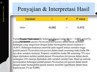 BondanPalestin©2006
Penyajian & Interpretasi Hasil
Variabel r r2
P value
Umur -0,092 -- 0,472
Parasit Plasmodium
falciparum -0,867 0,75 0,000
Variabel umur tidak memiliki hubungan dengan kadar Hb (r = -0,092; p=0,472),
sedangkan jumlah parasit Plasmodium falciparum dalam darah memiliki
hubungan yang sangat kuat dengan kadar haemoglobin pasien malaria (r =
-0,867). Hubungan keduanya memiliki pola negatif artinya semakin tinggi
jumlah parasit Plasmodium falciparum dalam darah seseorang maka kadar Hb-
nya akan semakin menurun. Proporsi variabilitas kadar Hb seseorang 75%-nya
dapat dijelaskan melalui jumlah parasit Plasmodium falciparum dalam darah,
sedangkan 25% lainnya dijelaskan oleh variabel-variabel lain. Hasil uji statistik
menunjukkan hubungan jumlah parasit Plasmodium falciparum dalam darah
dengan kadar haemoglobin pasien malaria memiliki signifikansi dalam batas
kepercayaan 5% (p=0,000).
 