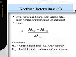 BondanPalestin©2006
Koefisien Determinasi (r2
)
tot
restot
JK
JKJK
r
−
=2
• Untuk mengetahui besar peranan variabel bebas
dalam mempengaruhi perubahan variabel terikat
• Rumus :
Keterangan :
JKtot = Jumlah Kuadrat Total (total sum of squares)
JKres = Jumlah Kuadrat Residu (residual sum of squares)
 