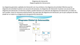 Diagramas de Interacción
Diagrama global de interacciones
Los diagramas generales o globales de interacción son muy similares a los diagramas de actividad. Mientras que los
diagramas de actividad muestran una secuencia de procesos, los diagramas de interacción muestran una secuencia de
diagramas de interacción. En términos simples, pueden llamarse una colección de diagramas de interacción y el orden en
que suceden. Como se mencionó anteriormente, hay siete tipos de diagramas de interacción, por lo que cualquiera de ellos
puede ser un nodo en un diagrama de vista general de interacción.
 