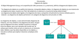 Estructurales
Diagrama de objetos
El Object Management Group, en la especificación UML (versiones 2.1 y anteriores), definía al diagrama de objetos como:
"Un diagrama de objetos es un gráfico de instancias, incluyendo objetos y datos. Un diagrama de objetos es una instancia de
un diagrama de clases; muestra una 'foto' del estado de un sistema en un punto de tiempo determinado."
Los diagramas de objeto están ligados a los diagramas de clase y comparten virtualmente los mismos símbolos para la
notación. Los diagramas de objetos pertenecen a la categoría de diagramas estructurales en UML.
Los diagramas de objetos, a veces denominados diagramas de
instancia, son muy similares a los diagramas de clases. Al igual
que los diagramas de clases, también muestran la relación
entre los objetos, pero usan ejemplos del mundo real. Se
utilizan para mostrar cómo se verá un sistema en un momento
dado. Debido a que hay datos disponibles en los objetos, a
menudo se utilizan para explicar relaciones complejas entre
objetos.
 