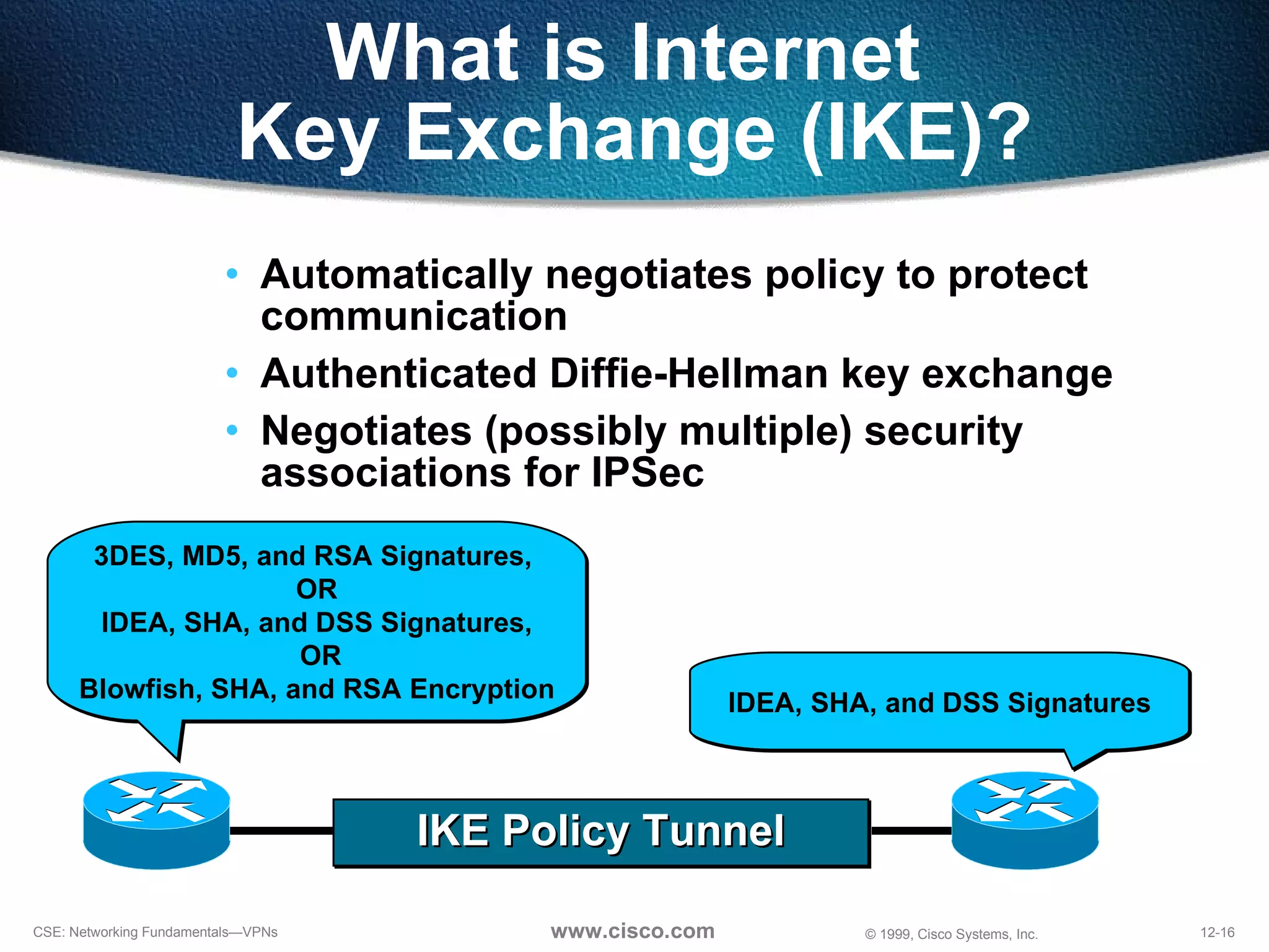 Automatically negotiates policy to protect communication Authenticated Diffie-Hellman key exchange Negotiates (possibly multiple) security associations for IPSec What is Internet  Key Exchange (IKE)? 3DES, MD5, and RSA Signatures,  OR IDEA, SHA, and DSS Signatures, OR Blowfish, SHA, and RSA Encryption IDEA, SHA, and DSS Signatures IKE Policy Tunnel 