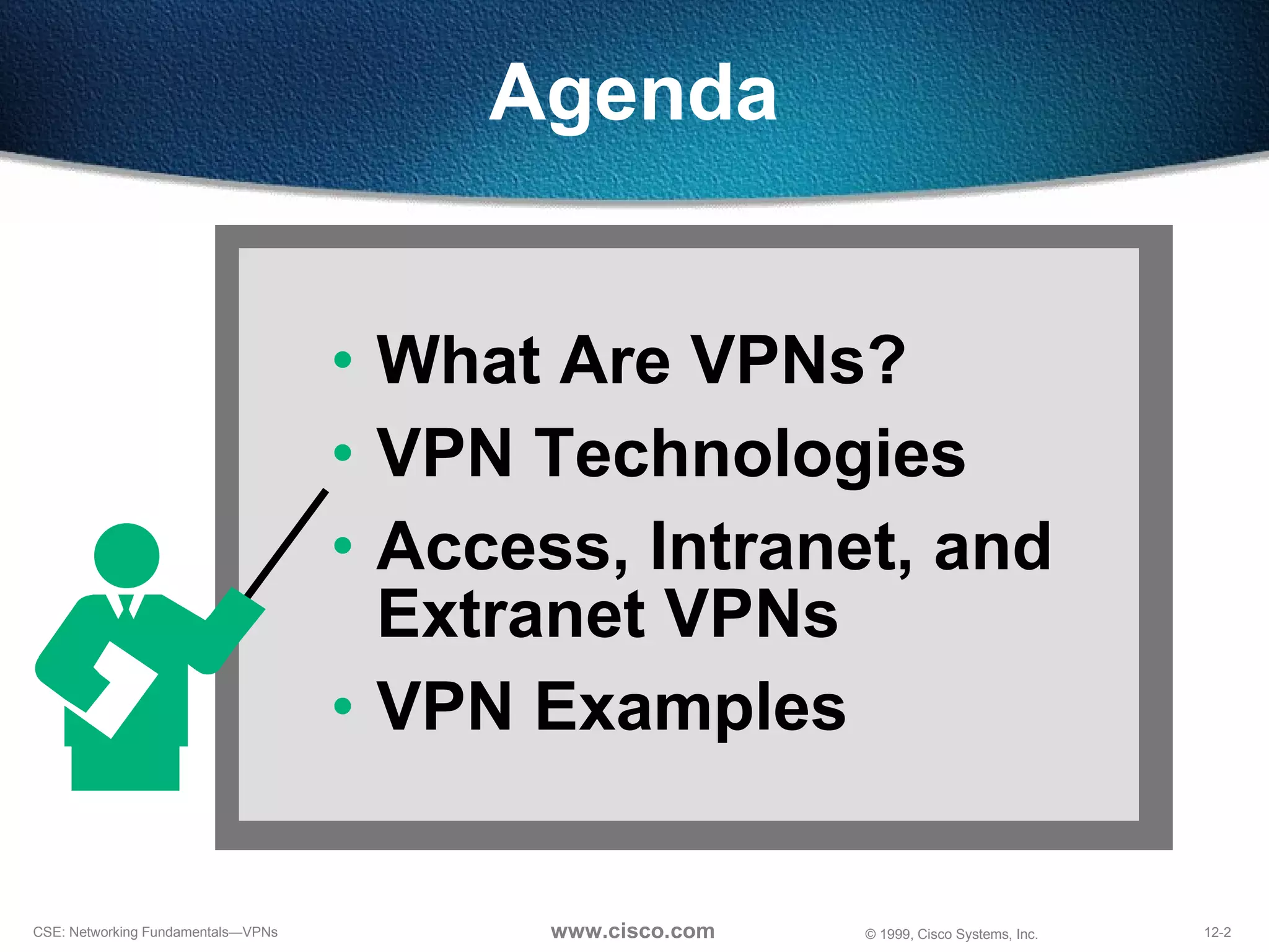 Agenda What Are VPNs? VPN Technologies Access, Intranet, and  Extranet VPNs VPN Examples 