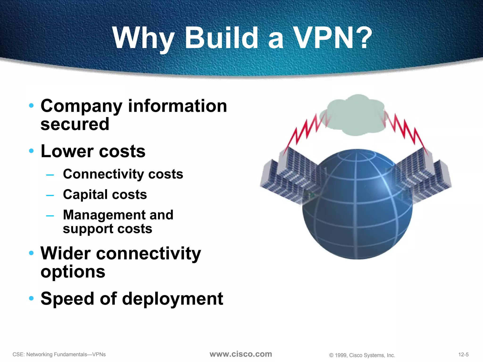 Why Build a VPN?  Company information secured  Lower costs Connectivity costs Capital costs Management and  support costs Wider connectivity options Speed of deployment 