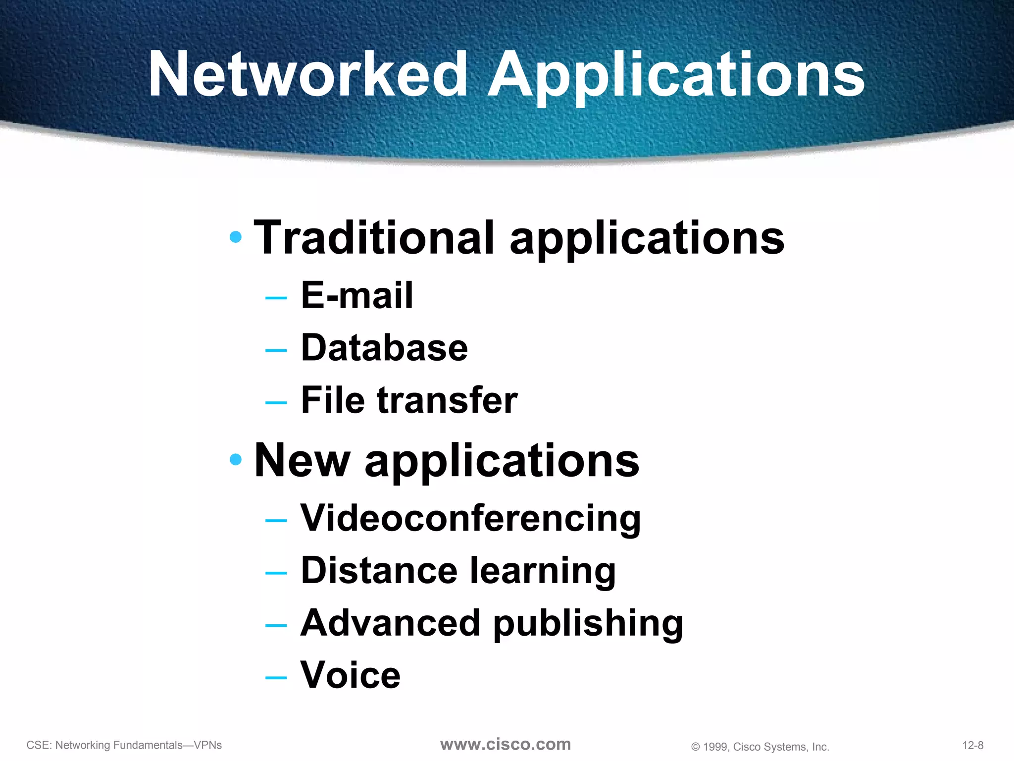 Networked Applications Traditional applications E-mail Database File transfer New applications Videoconferencing Distance learning Advanced publishing Voice 