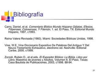 21
Bibliografía
Carro, Daniel, et al. Comentario Bı́blico Mundo Hispano Gálatas, Efesios,
Filipenses, Colosenses, Y Filemón, 1. ed. El Paso, TX: Editorial Mundo
Hispano, 1997, c1993.
Reina Valera Revisada (1960). Miami: Sociedades Bı́blicas Unidas, 1998.
Vine, W.E. Vine Diccionario Expositivo De Palabras Del Antiguo Y Del
Neuvo Testamento Exhaustivo, electronic ed. Nashville: Editorial
Caribe, 2000, c1999.
Zorzoli, Rubén O., et al eds. El Expositor Bíblico: La Biblia, Libro por
Libro, Maestros de jóvenes y Adultos, Volumen 8. El Paso, Texas:
Casa Bautista de Publicaciones, 2003, c1998. 88-94.
21
 