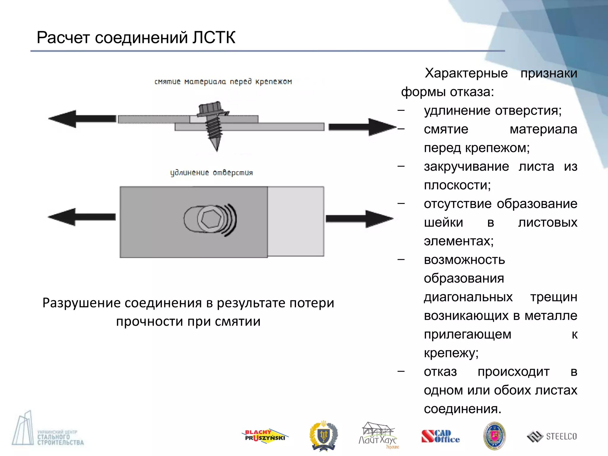 Расчет соединений ЛСТК
Разрушение соединения в результате потери
прочности при смятии
Характерные признаки
формы отказа:
̶ удлинение отверстия;
̶ смятие материала
перед крепежом;
̶ закручивание листа из
плоскости;
̶ отсутствие образование
шейки в листовых
элементах;
̶ возможность
образования
диагональных трещин
возникающих в металле
прилегающем к
крепежу;
̶ отказ происходит в
одном или обоих листах
соединения.
 
