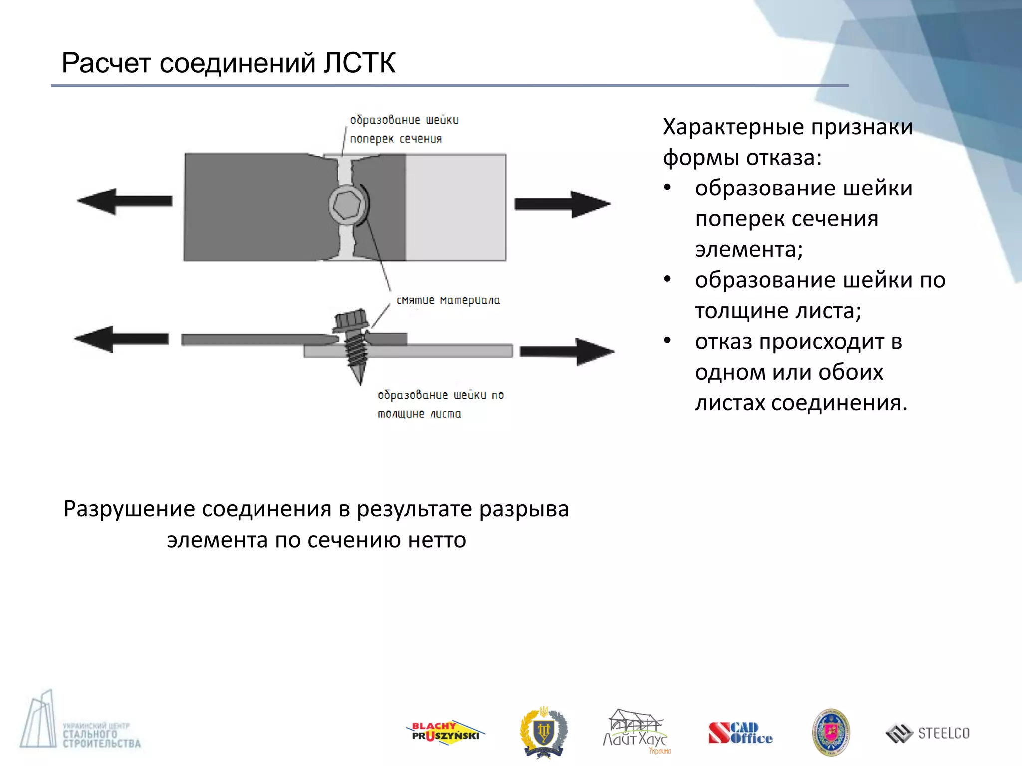 Расчет соединений ЛСТК
Разрушение соединения в результате разрыва
элемента по сечению нетто
Характерные признаки
формы отказа:
• образование шейки
поперек сечения
элемента;
• образование шейки по
толщине листа;
• отказ происходит в
одном или обоих
листах соединения.
 