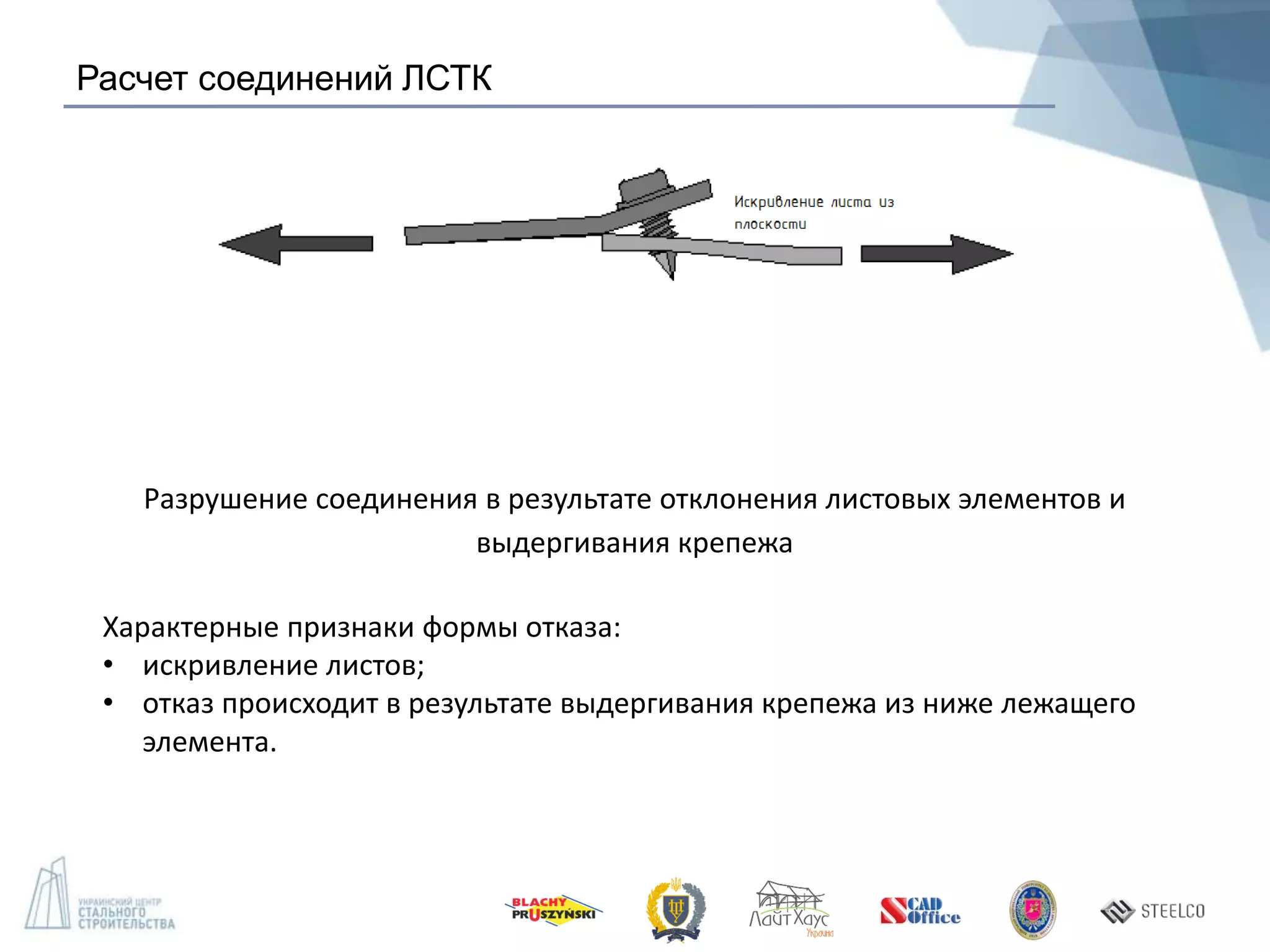 Расчет соединений ЛСТК
Разрушение соединения в результате отклонения листовых элементов и
выдергивания крепежа
Характерные признаки формы отказа:
• искривление листов;
• отказ происходит в результате выдергивания крепежа из ниже лежащего
элемента.
 