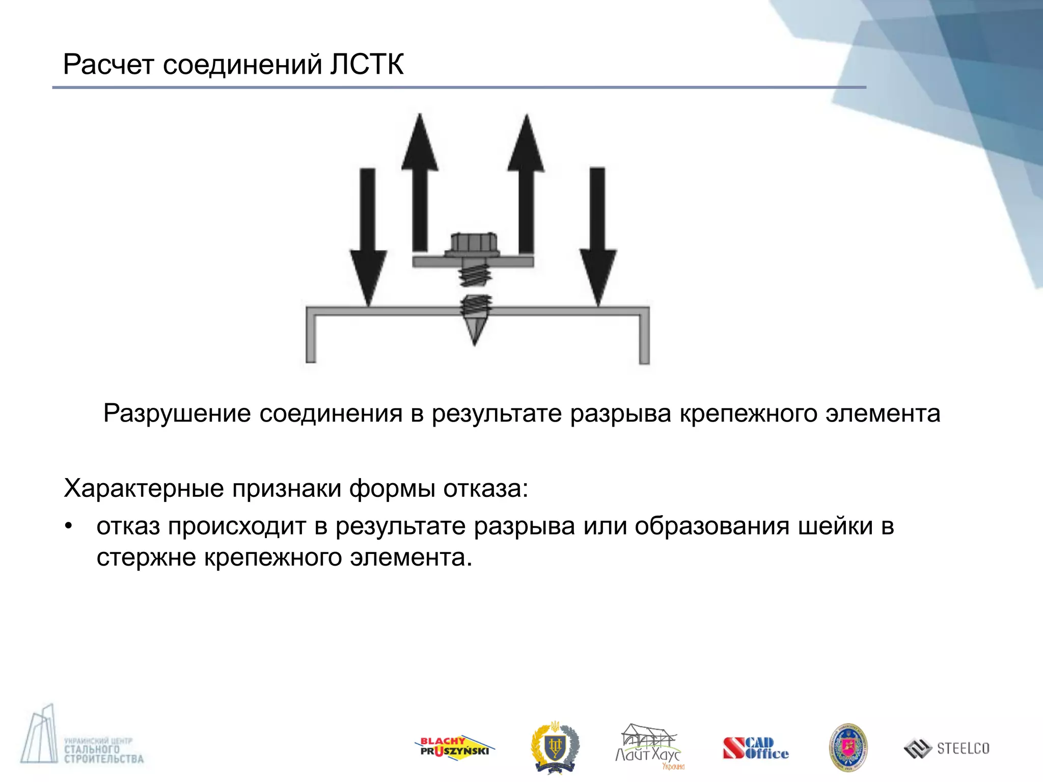 Расчет соединений ЛСТК
Разрушение соединения в результате разрыва крепежного элемента
Характерные признаки формы отказа:
• отказ происходит в результате разрыва или образования шейки в
стержне крепежного элемента.
 