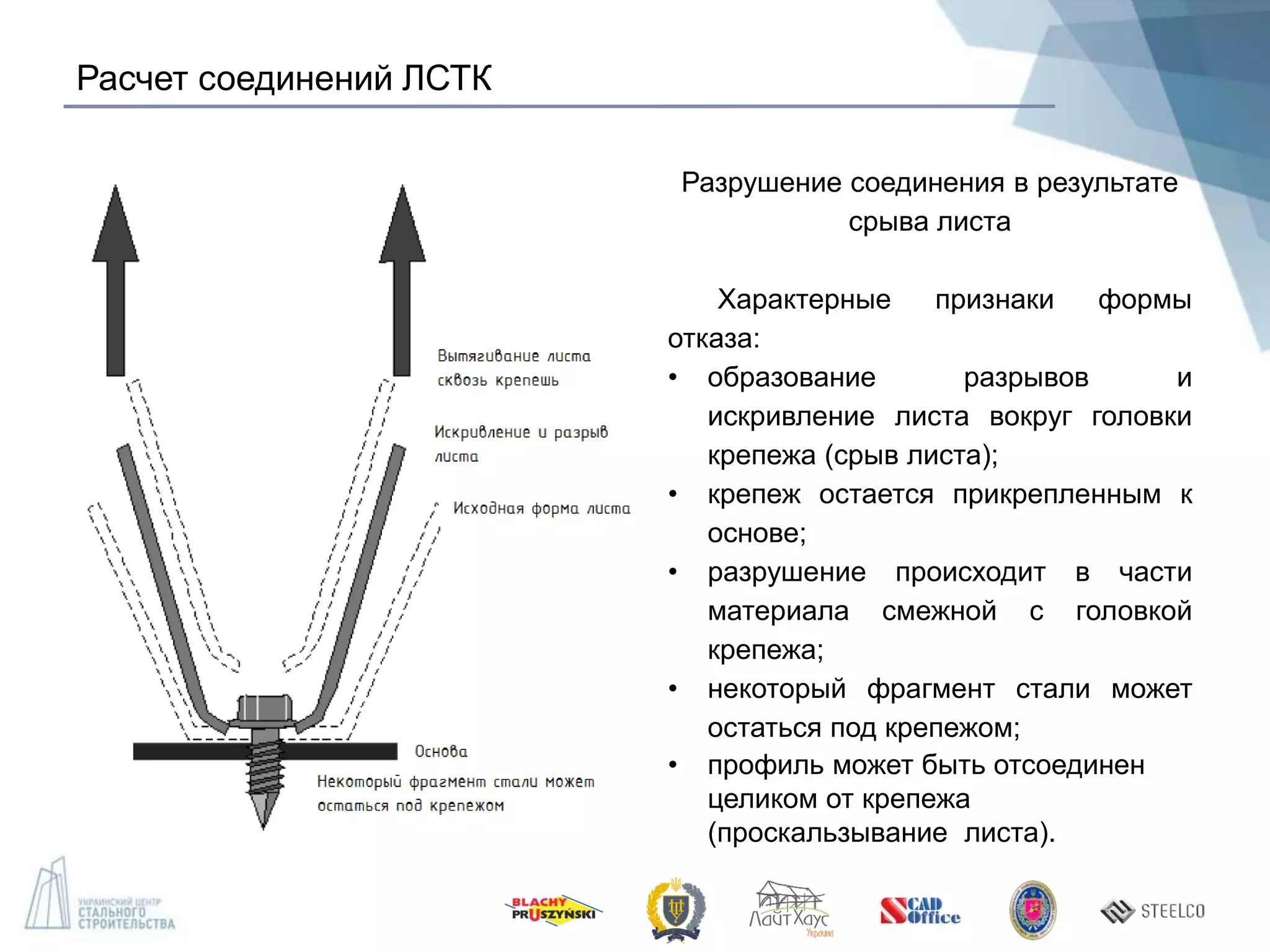 Расчет соединений ЛСТК
Разрушение соединения в результате
срыва листа
Характерные признаки формы
отказа:
• образование разрывов и
искривление листа вокруг головки
крепежа (срыв листа);
• крепеж остается прикрепленным к
основе;
• разрушение происходит в части
материала смежной с головкой
крепежа;
• некоторый фрагмент стали может
остаться под крепежом;
• профиль может быть отсоединен
целиком от крепежа
(проскальзывание листа).
 