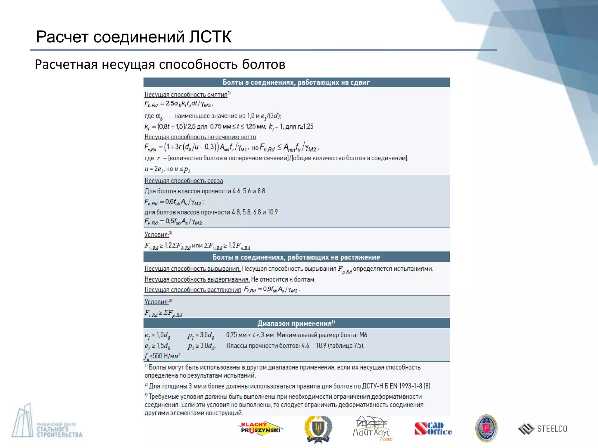 Расчет соединений ЛСТК
Расчетная несущая способность болтов
 
