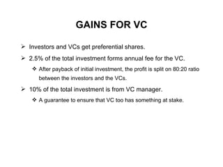 GAINS FOR VC Investors and VCs get preferential shares. 2.5% of the total investment forms annual fee for the VC. After payback of initial investment, the profit is split on 80:20 ratio between the investors and the VCs. 10% of the total investment is from VC manager. A guarantee to ensure that VC too has something at stake. 