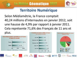 Territoire Numérique
Selon Médiamétrie, la France comptait
40,24 millions d'internautes en janvier 2012, soit
une hausse de 4,9% par rapport à janvier 2011.
Cela représente 71,6% des Français de 11 ans et
plus.
 