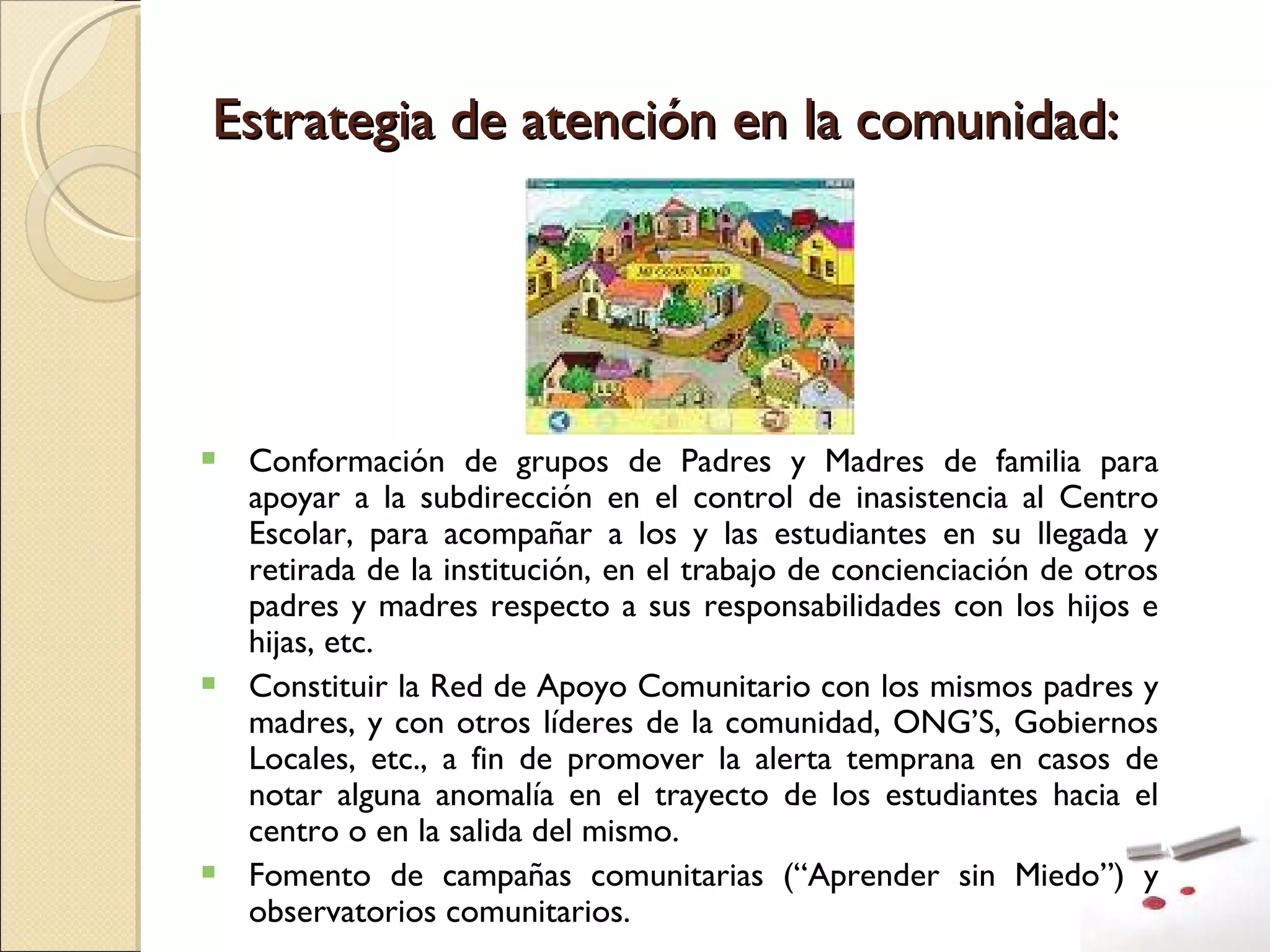 Estrategia de atención en la comunidad: Conformación de grupos de Padres y Madres de familia para apoyar a la subdirección en el control de inasistencia al Centro Escolar, para acompañar a los y las estudiantes en su llegada y retirada de la institución, en el trabajo de concienciación de otros padres y madres respecto a sus responsabilidades con los hijos e hijas, etc. Constituir la Red de Apoyo Comunitario con los mismos padres y madres, y con otros líderes de la comunidad, ONG’S, Gobiernos Locales, etc., a fin de promover la alerta temprana en casos de notar alguna anomalía en el trayecto de los estudiantes hacia el centro o en la salida del mismo. Fomento de campañas comunitarias (“Aprender sin Miedo”) y observatorios comunitarios. 