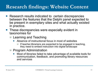 Research findings: Website Content Research results indicated to  certain discrepancies between the features that the Delphi panel expected to be present in exemplary sites and what actually existed in practice. These discrepancies were especially evident in taxonomies for Learning and Teaching Absence of instructional focus in most of websites If teacher-librarians are expected to be engaged in teaching, they need to embed instruction into digital landscape Program Administration Most of libraries failed to take advantage of available tools for communication, feedback, and promoting library resources and services 