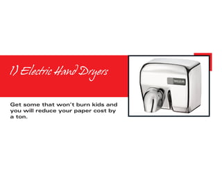 1) Electric Hand Dryers


Get some that won’t burn kids and
you will reduce your paper cost by
a ton.
 