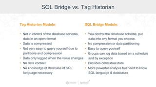 SQL Bridge vs. Tag Historian
Tag Historian Module:
• Not in control of the database schema,
data in an open format
• Data is compressed
• Not very easy to query yourself due to
partitions and compression
• Data only logged when the value changes
• No data context
• No knowledge of database of SQL
language necessary
SQL Bridge Module:
• You control the database schema, put
data into any format you choose.
• No compression or data partitioning
• Easy to query yourself
• Groups can log data based on a schedule
and by exception
• Provides contextual data
• More powerful analysis but need to know
SQL language & databases
 