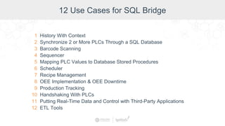 12 Use Cases for SQL Bridge
1 History With Context
2 Synchronize 2 or More PLCs Through a SQL Database
3 Barcode Scanning
4 Sequencer
5 Mapping PLC Values to Database Stored Procedures
6 Scheduler
7 Recipe Management
8 OEE Implementation & OEE Downtime
9 Production Tracking
10 Handshaking With PLCs
11 Putting Real-Time Data and Control with Third-Party Applications
12 ETL Tools
 