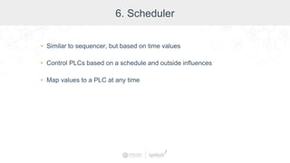 6. Scheduler
• Similar to sequencer, but based on time values
• Control PLCs based on a schedule and outside influences
• Map values to a PLC at any time
 