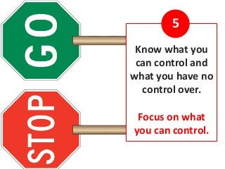 Know what you
can control and
what you have no
control over.
Focus on what
you can control.
5
 