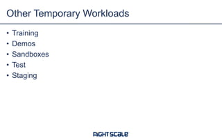 • Training
• Demos
• Sandboxes
• Test
• Staging
Other Temporary Workloads
 