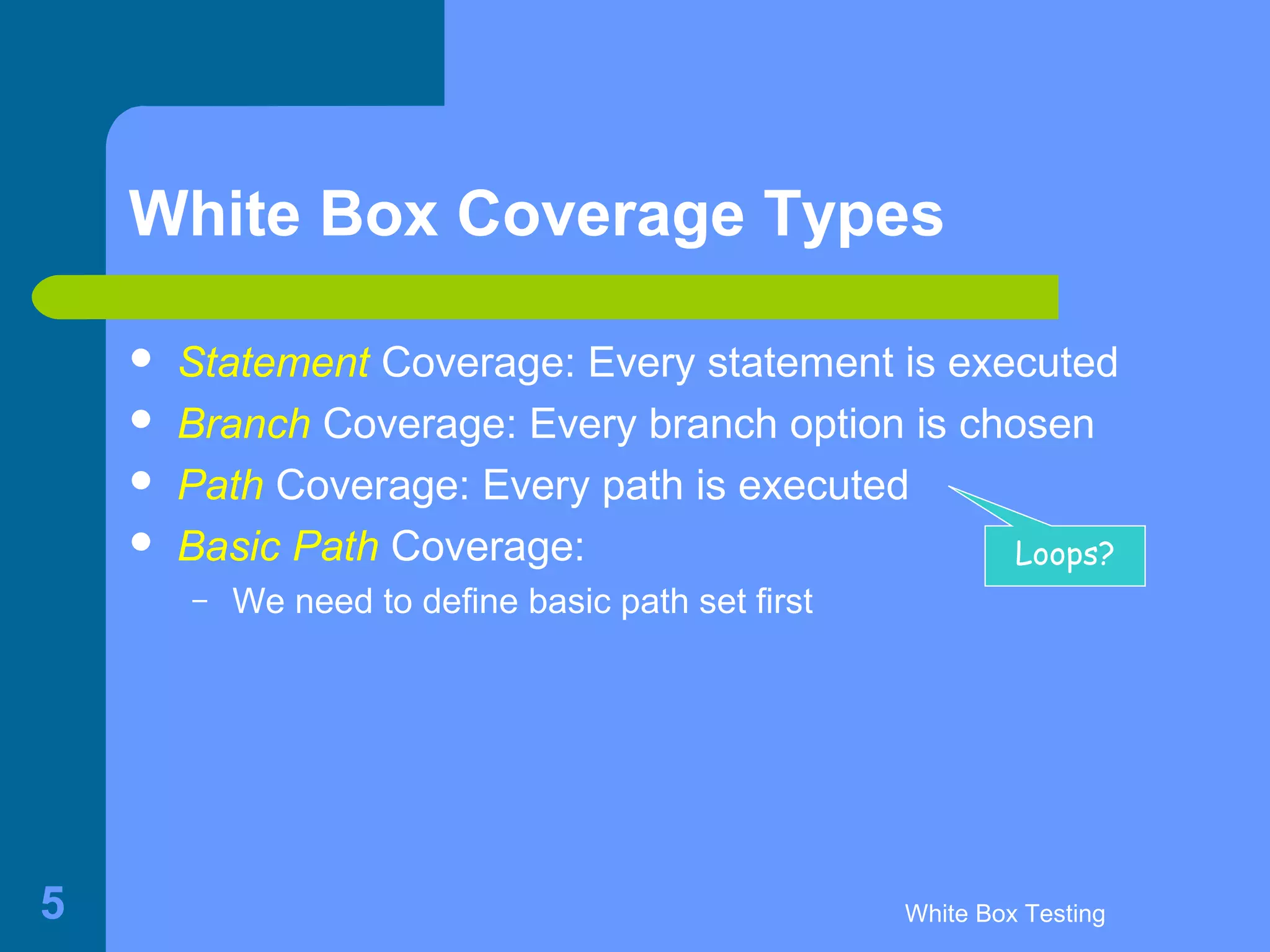 White Box Testing5
White Box Coverage Types
 Statement Coverage: Every statement is executed
 Branch Coverage: Every branch option is chosen
 Path Coverage: Every path is executed
 Basic Path Coverage:
– We need to define basic path set first
Loops?
 