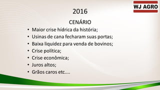 2016
CENÁRIO
• Maior crise hídrica da história;
• Usinas de cana fecharam suas portas;
• Baixa liquidez para venda de bovinos;
• Crise política;
• Crise econômica;
• Juros altos;
• Grãos caros etc....
 
