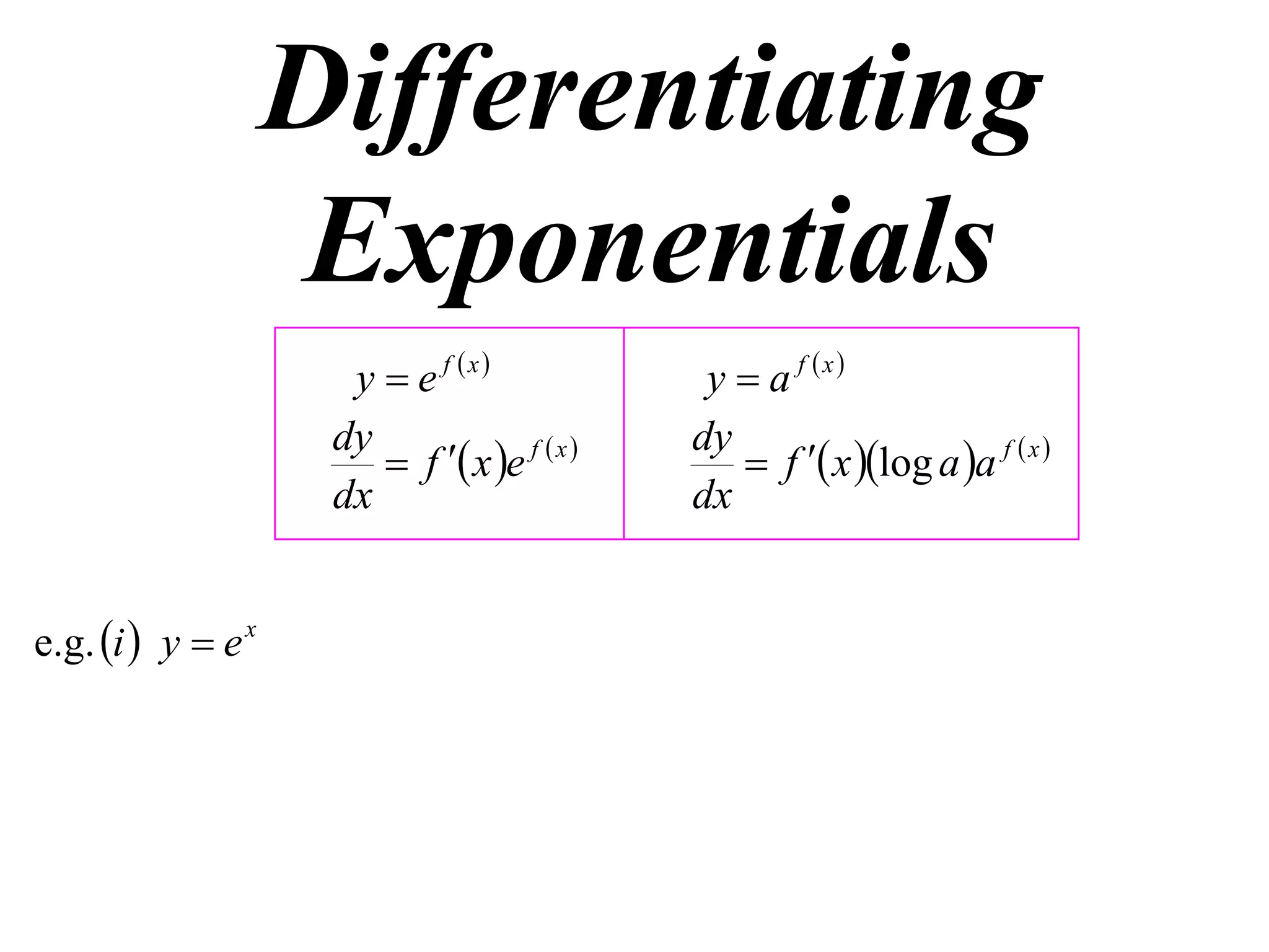 Differentiating
Exponentials
y  e f x
dy
 f  x e f  x 
dx
e.g. i  y  e x

y  a f x
dy
 f  x log a a f  x 
dx

 