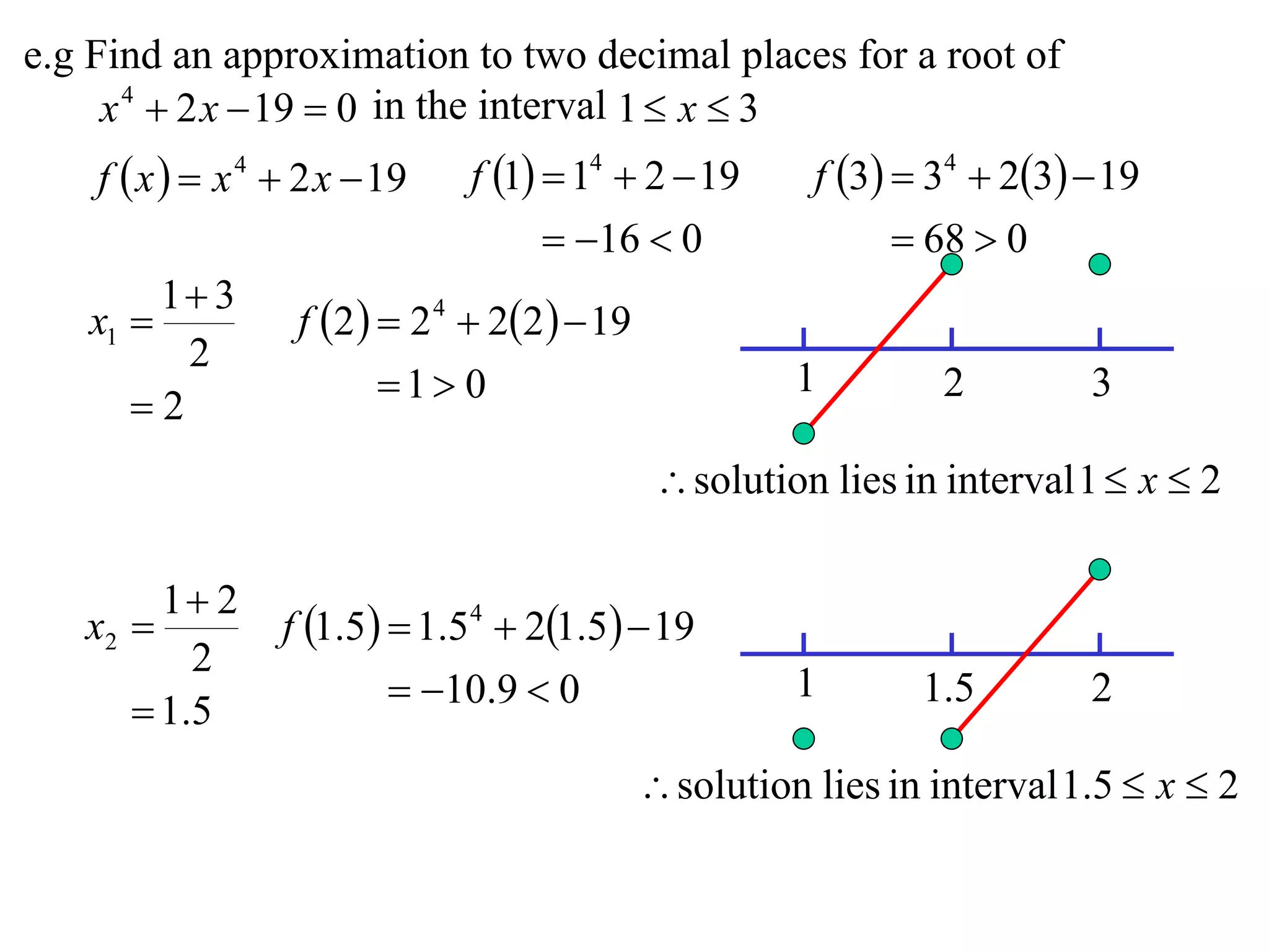 e.g Find an approximation to two decimal places for a root of
     x 4  2 x  19  0 in the interval 1  x  3
    f  x   x 4  2 x  19   f 1  14  2  19        f 3  34  23  19
                                      16  0                  68  0
        1 3
   x1             f 2   2 4  22   19
         2
                         1 0                           1        2         3
      2
                                                 solution lies in interval 1  x  2

        1 2
   x2            f 1.5  1.54  21.5  19
           2
                           10.9  0                    1       1.5        2
       1 .5
                                                solution lies in interval 1.5  x  2
 