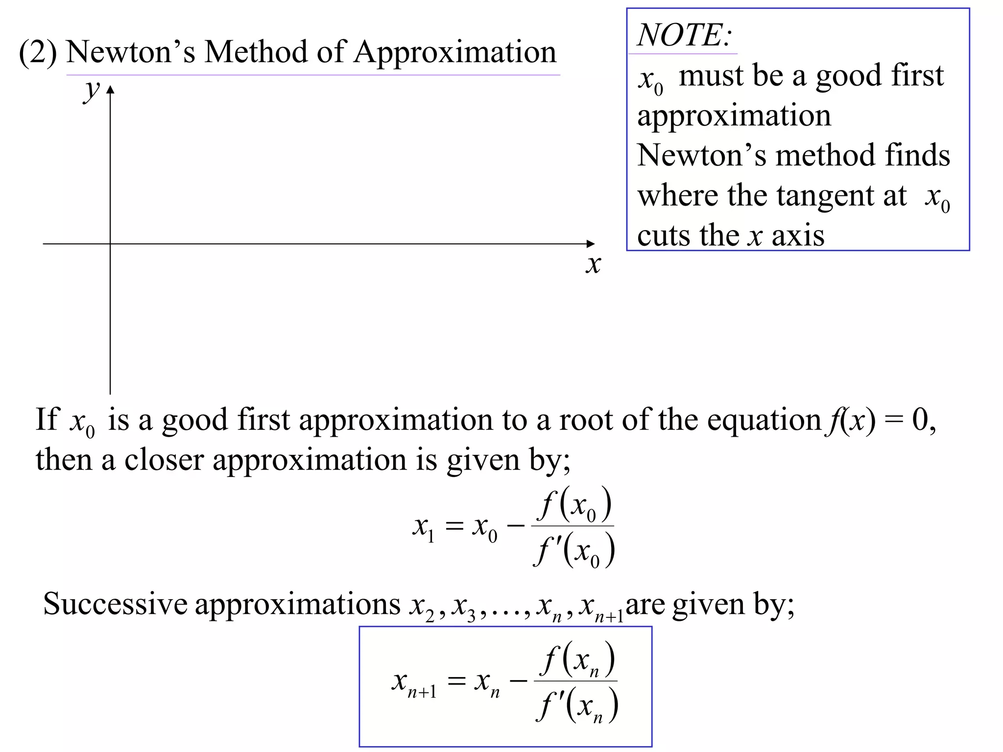 NOTE:
(2) Newton’s Method of Approximation
     y                                                   x0 must be a good first
                                                         approximation
                                                         Newton’s method finds
                                                         where the tangent at x0
                                                         cuts the x axis
                                                  x



 If x0 is a good first approximation to a root of the equation f(x) = 0,
 then a closer approximation is given by;
                                        f  x0 
                              x1  x0 
                                        f  x0 
 Successive approximations x2 , x3 ,  , xn , xn 1are given by;
                                             f  xn 
                              xn 1  xn 
                                             f  xn 
 