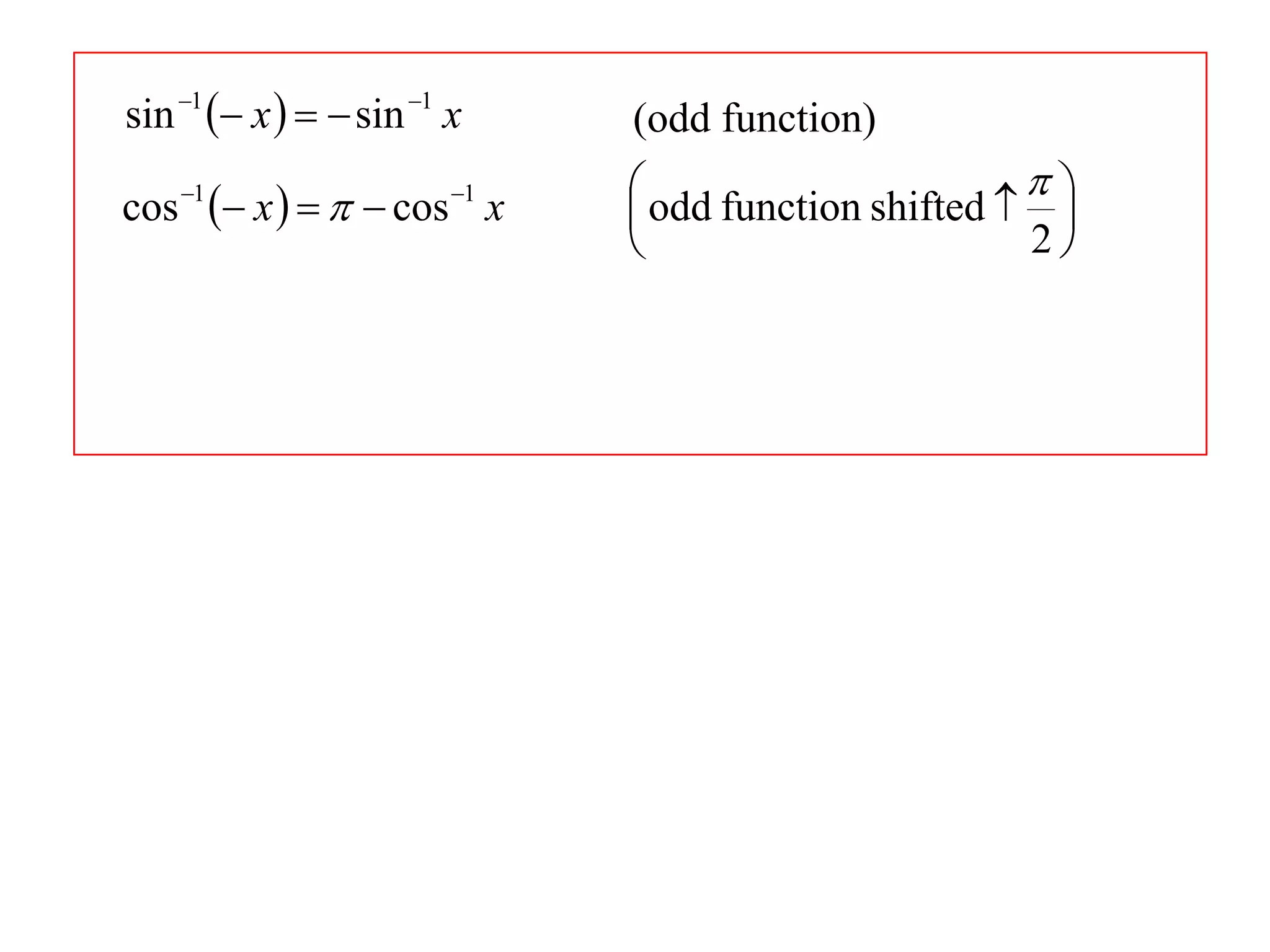 sin 1  x    sin 1 x      (odd function)
      1
            x     cos x
                         1      odd function shifted   
cos                                                       
                                                        2
 