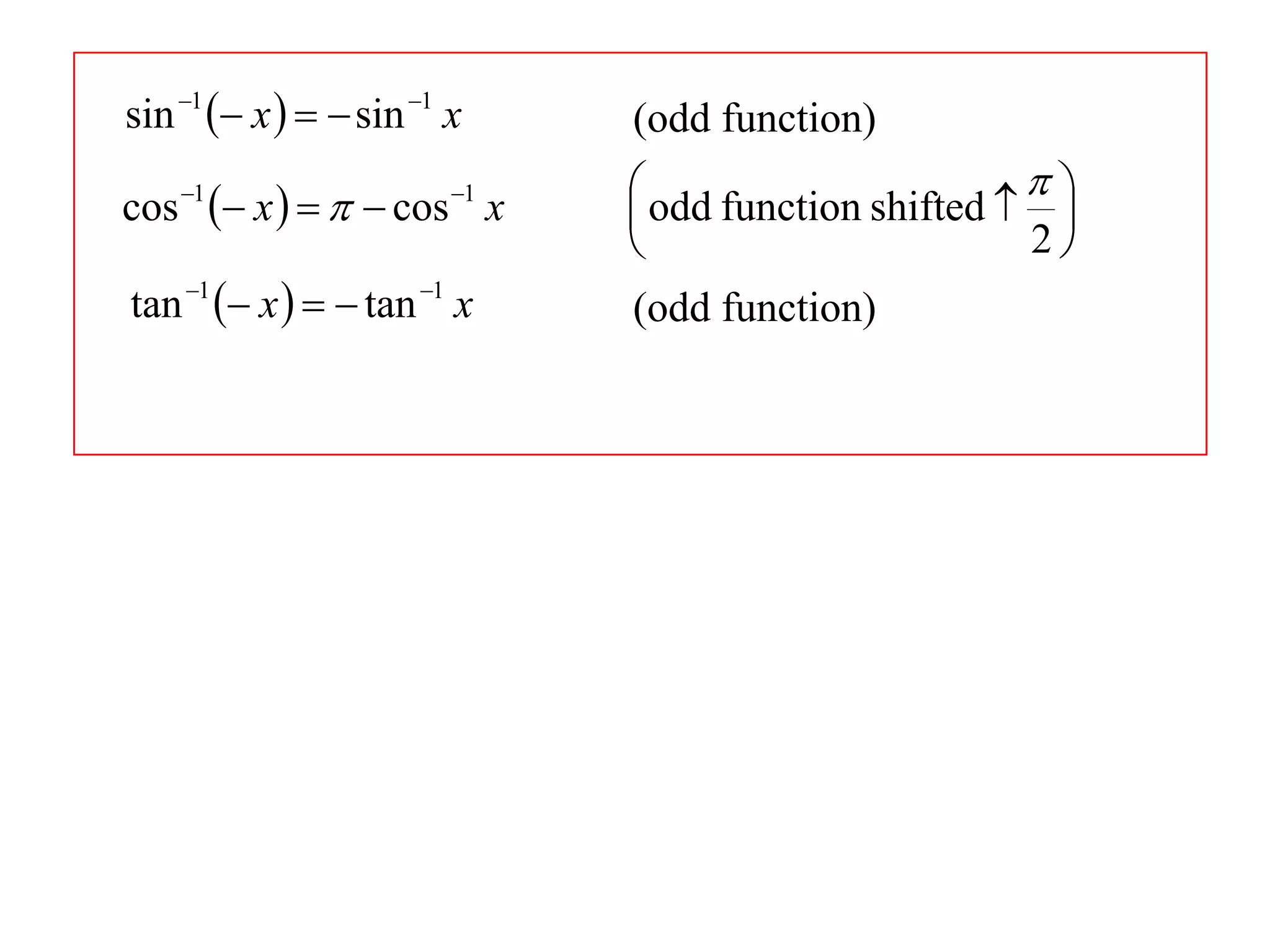 sin 1  x    sin 1 x      (odd function)
      1
            x     cos x
                         1      odd function shifted   
cos                                                       
                                                        2
tan 1  x    tan 1 x      (odd function)
 
