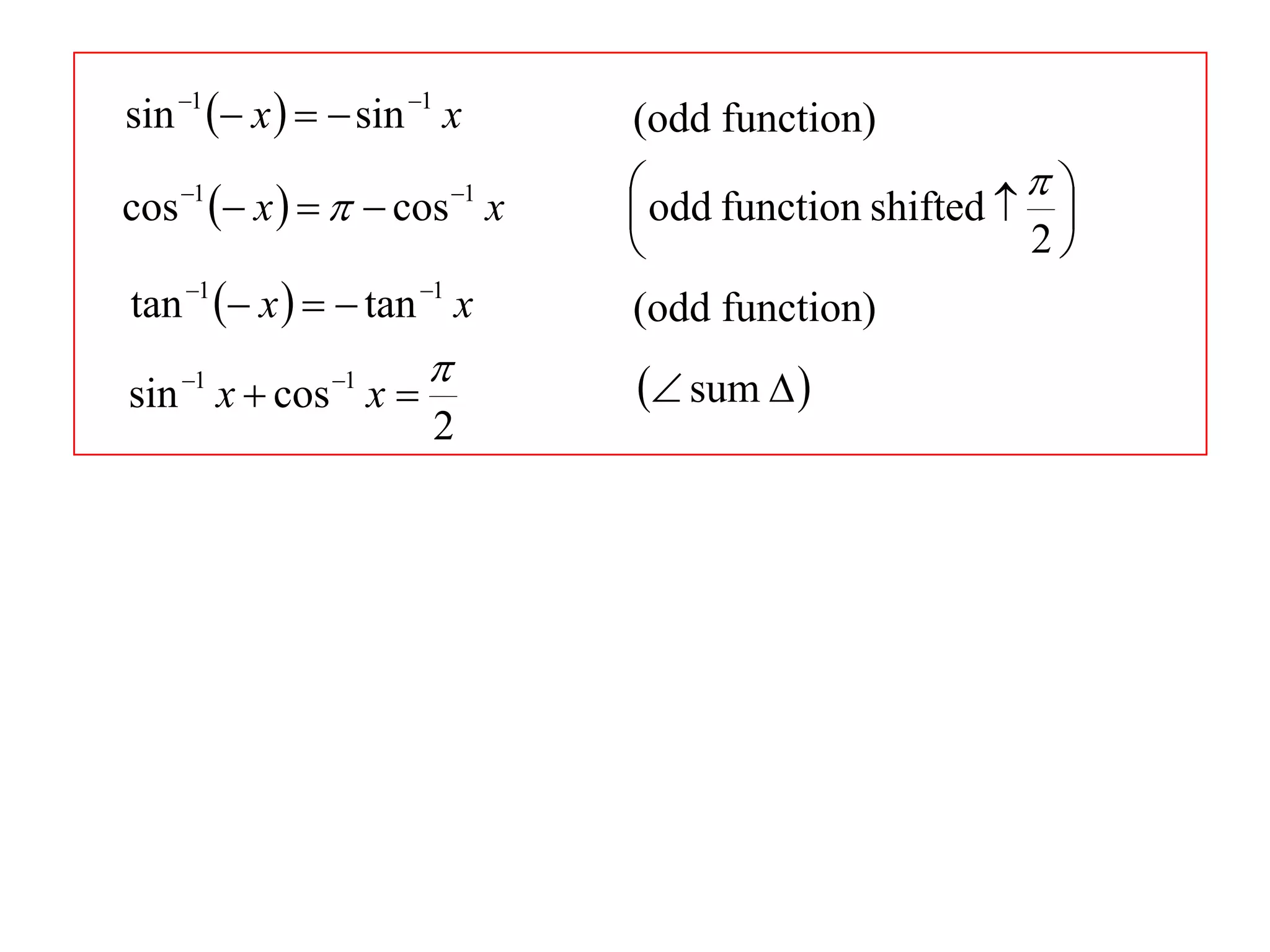sin 1  x    sin 1 x       (odd function)
      1
            x     cos x
                            1    odd function shifted   
cos                                                        
                                                         2
tan 1  x    tan 1 x       (odd function)
                                 sum  
sin 1 x  cos 1 x 
                        2
 