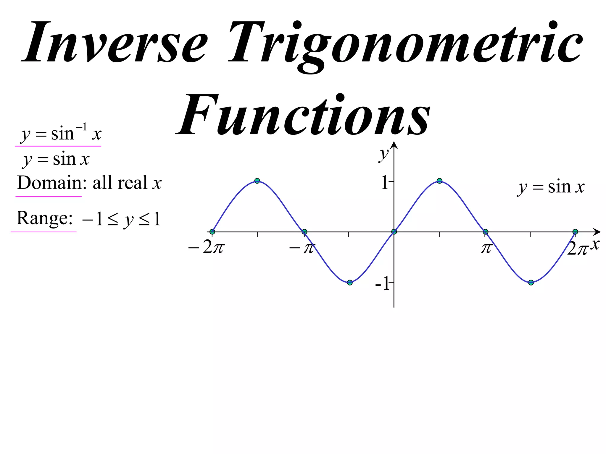 Inverse Trigonometric
      Functions
y  sin 1 x
y  sin x                        y
Domain: all real x               1        y  sin x
Range:  1  y  1
                      2                    2 x
                                 -1
 