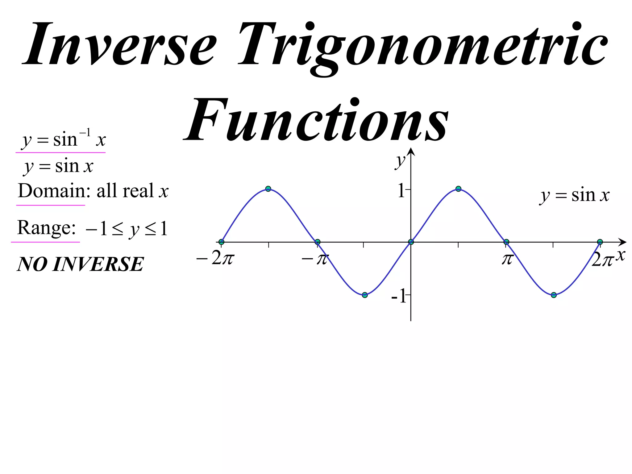 Inverse Trigonometric
      Functions
y  sin 1 x
y  sin x                        y
Domain: all real x               1        y  sin x
Range:  1  y  1
NO INVERSE            2                    2 x
                                 -1
 