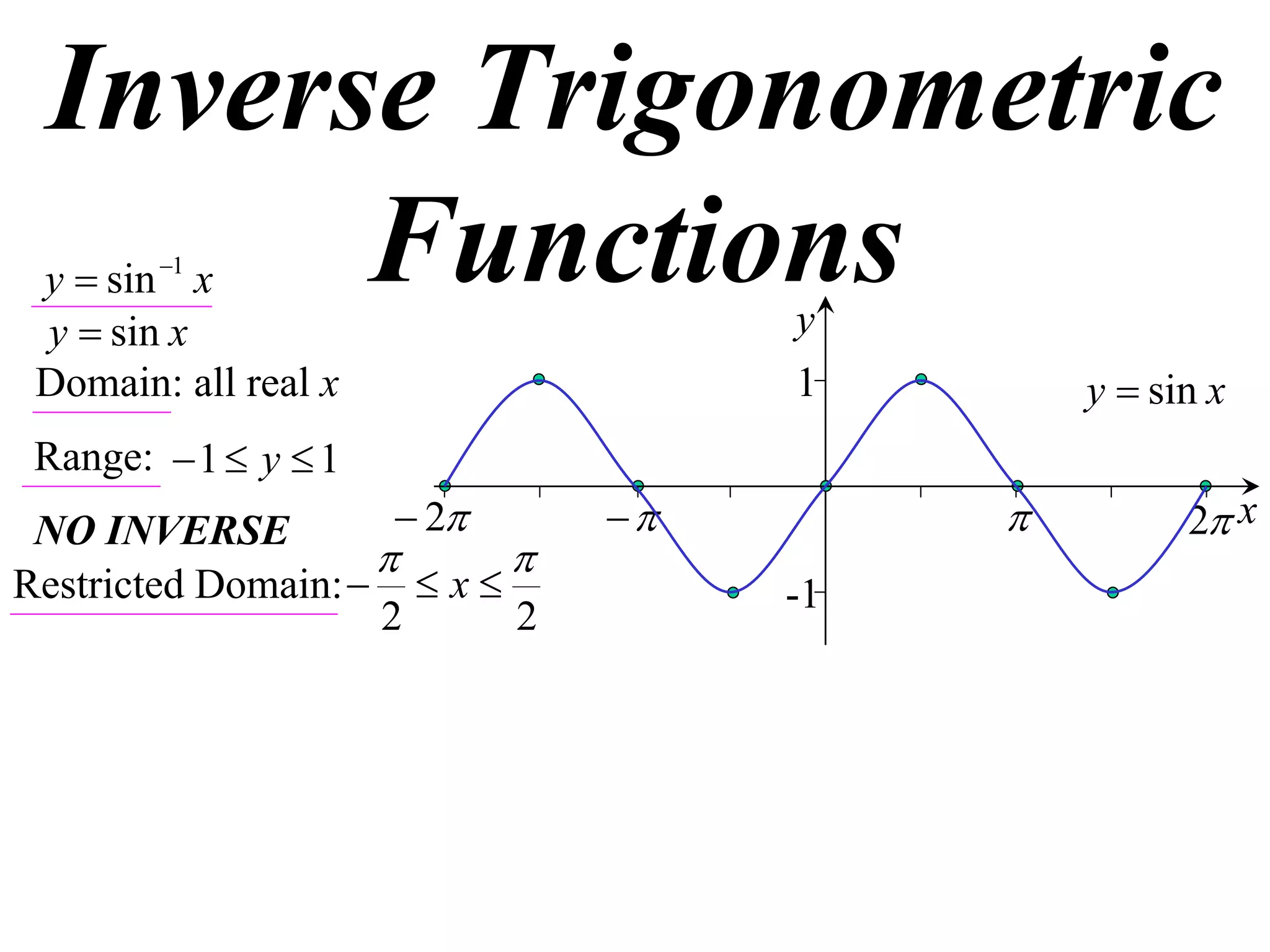 Inverse Trigonometric
       Functions
 y  sin 1 x
 y  sin x                          y
 Domain: all real x                 1        y  sin x
 Range:  1  y  1
 NO INVERSE           2                       2 x
                          
Restricted Domain:   x           -1
                    2      2
 