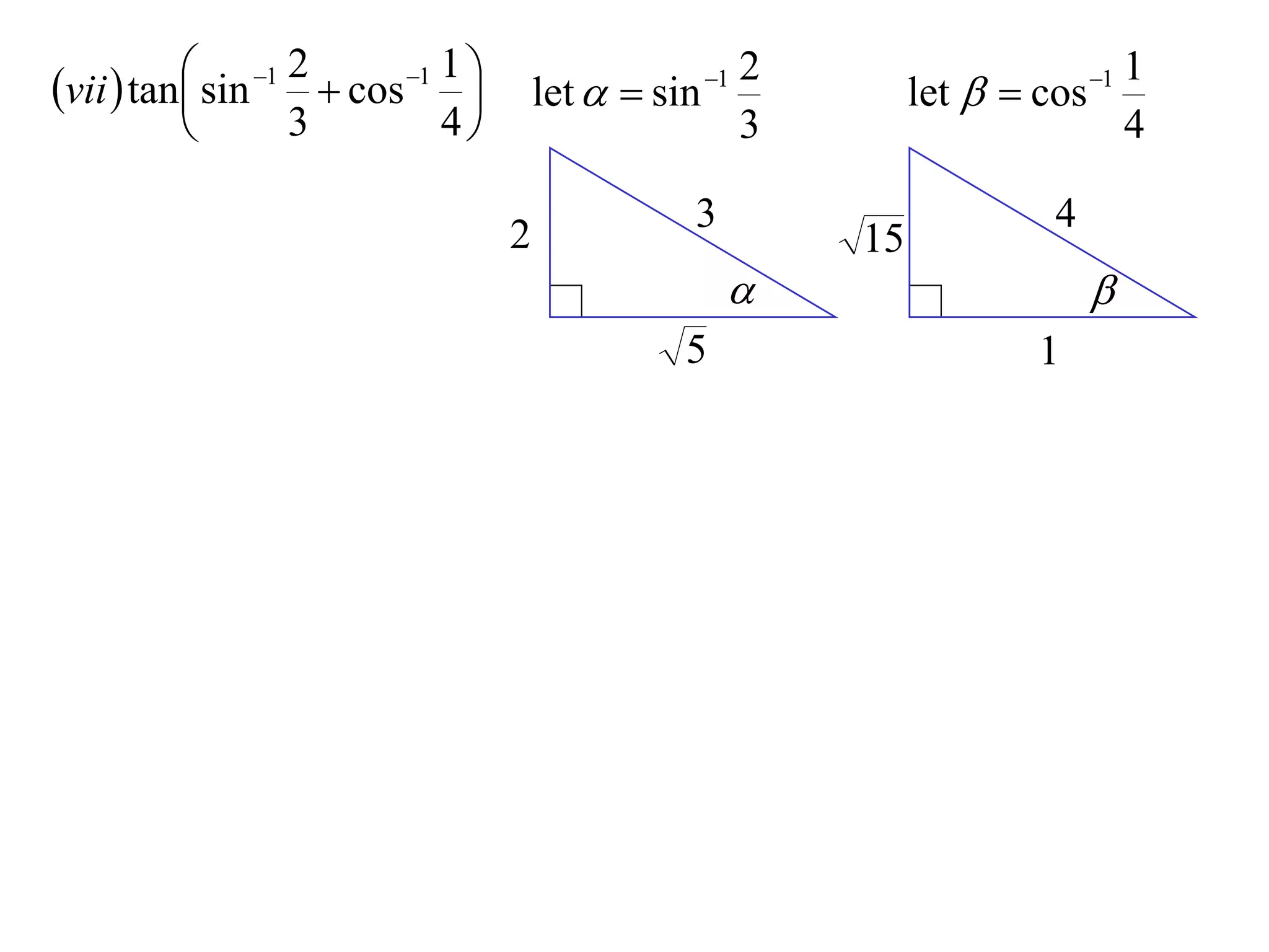  sin 1 2  cos 1 1 
vii  tan                                              2                          1
                                       let   sin 1            let   cos 1
                  3          4                         3                          4

                                                   3                        4
                                    2                        15
                                                                               
                                                  5                       1
 