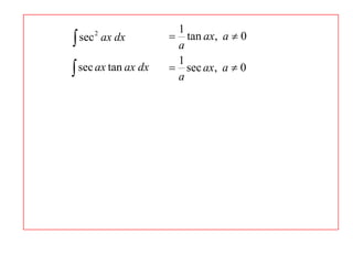 1
 sec                 tan ax, a  0
        2
            ax dx
                      a
                      1
 sec ax tan ax dx    sec ax, a  0
                      a
 