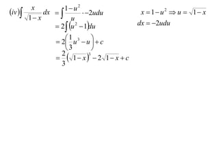 x          1 u2
iv         dx            2udu        x  1 u2  u  1 x
         1 x           u
                  2  u 2  1du         dx  2udu

                      1 u3  u   c
                   2           
                      3         
                    1 x  2 1 x  c
                    2          3

                    3
 