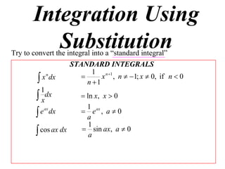 Integration Using
          Substitution
Try to convert the integral into a “standard integral”
                    STANDARD INTEGRALS
                            1 n 1
          x dx                x , n  1; x  0, if n  0
             n
                          n 1
          1
         xdx            ln x, x  0
                          1
         e ax dx        e ax , a  0
                          a
                           1
         cos ax dx      sin ax, a  0
                           a
 